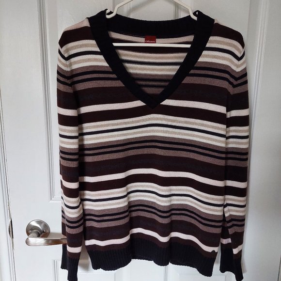 Olsen Cotton Blend Long Sleeve Stripped V-Neck Women's Sweater, Size 8 - Picture 1 of 5